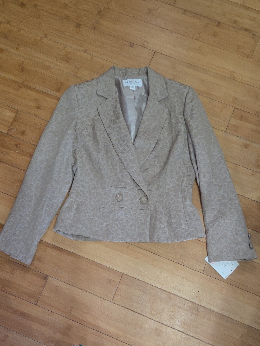 Liz Claiborne Beige Floral Jacquard Double-Breasted Blazer Sz 8 Vintage